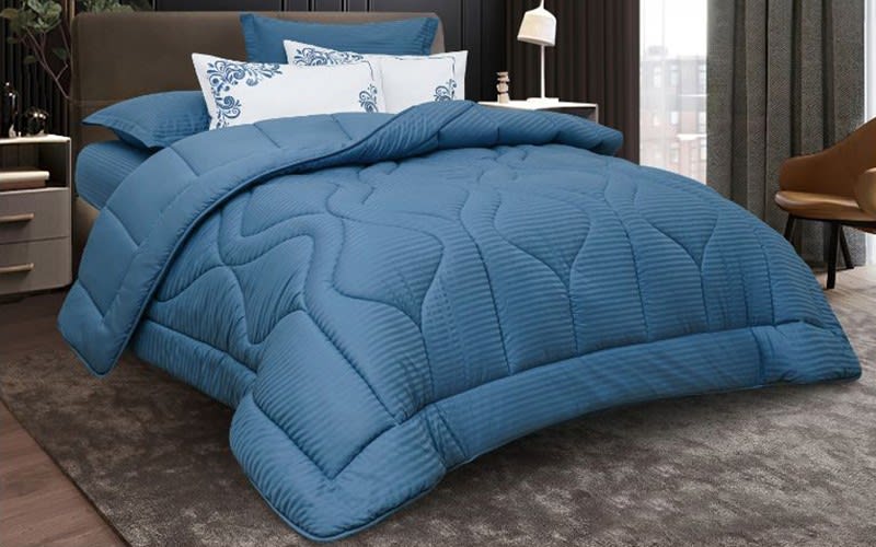 New Tiffany Stripe Cotton Comforter Bedding Set 6 PCS - King Blue