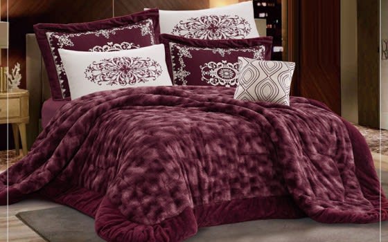 Zina Fur Comforter Set 7 PCs - King Burgundy