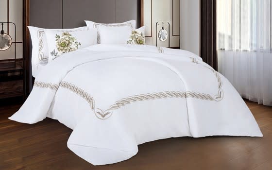 Dallas Embroidered Quilt Cover Set Without Filling 6 PCS - King White & Beige