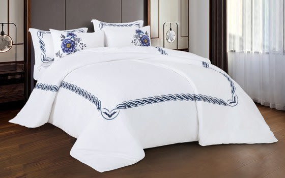 Dallas Embroidered Quilt Cover Set Without Filling 6 PCS - King White & Blue