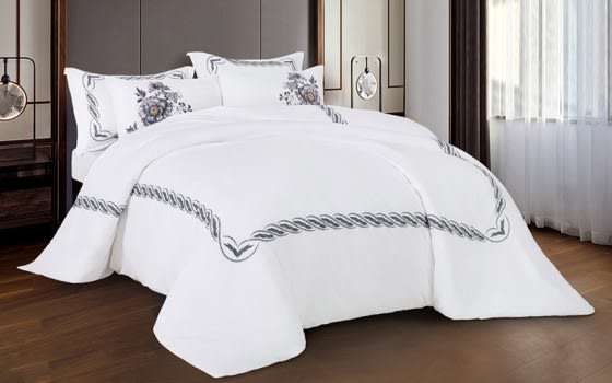 Dallas Embroidered Quilt Cover Set Without Filling 6 PCS - King White & Grey