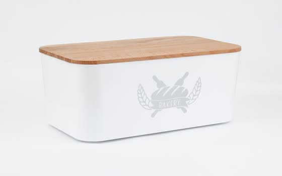 Bread Box With Wooden Lid - White