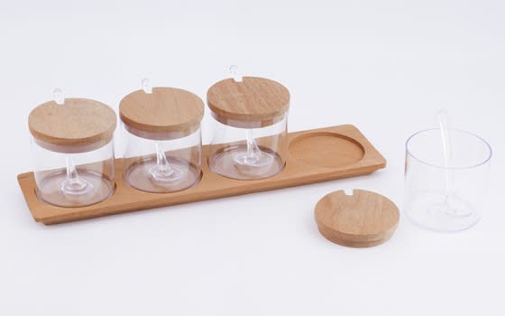 Spice Jar Set 4 PCs With Wooden base - Transparent