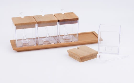 طقم حافظة التوابل مع قاعدة خشبية 4 قطع - شفاف