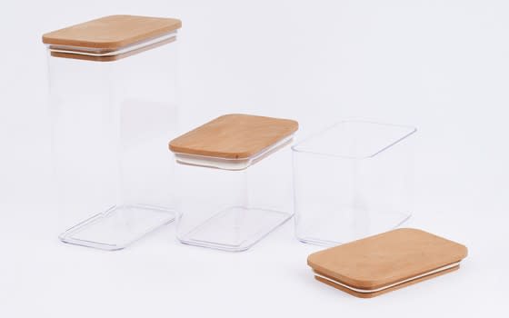 Food Container Set 3 PCs With Wooden Lid - Transparent