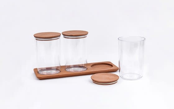 Storage Container Set 4 PCs With Wooden Lid - Transparent