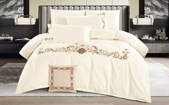 Crown Embroidered Cotton Quilt Cover Set Without Filling 7 PCS - King Cream