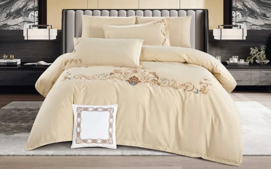 Crown Embroidered Cotton Quilt Cover Set Without Filling 7 PCS - King Beige