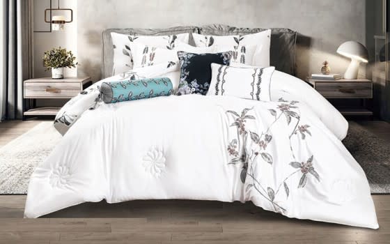 Kandes Cotton Embroidered Comforter Set 9 PCS - King White & Grey
