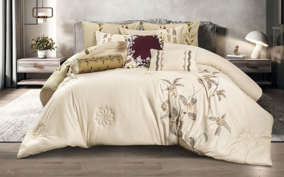 Kandes Cotton Embroidered Comforter Set 9 PCS - King L.Beige