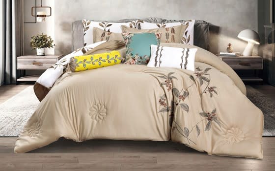 Kandes Cotton Embroidered Comforter Set 9 PCS - King Beige