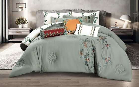 Kandes Cotton Embroidered Comforter Set 9 PCS - King Green