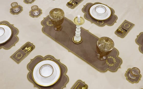 طقم مفرش طاولة جلد تركي من أرمادا 19 قطعة - بني غامق و ذهبي 