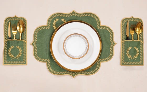 طقم مفرش طاولة جلد تركي من أرمادا 19 قطعة - أخضر وذهبي