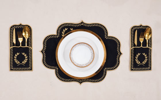 طقم مفرش طاولة جلد تركي من أرمادا 19 قطعة - أسود وذهبي