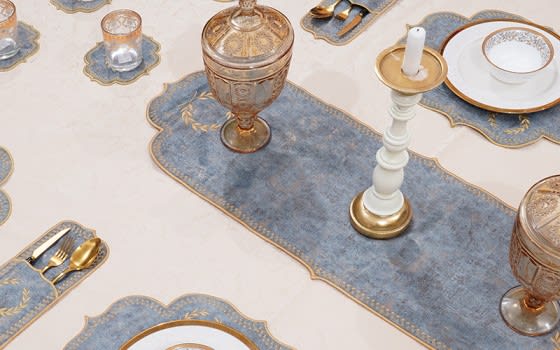 Turkish Armada leather Table Mat Set 19 PCS - Blue Grey & Gold