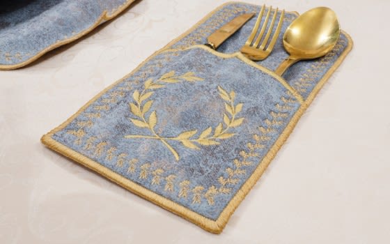 طقم مفرش طاولة جلد تركي من أرمادا 19 قطعة - أزرق رمادي و ذهبي