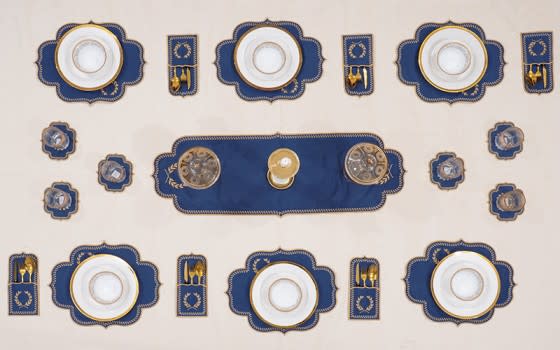 طقم مفرش طاولة جلد تركي من أرمادا 19 قطعة - أزرق و ذهبي