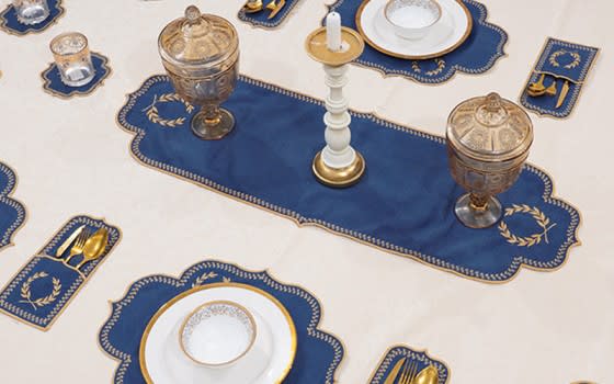 Turkish Armada leather Table Mat Set 19 PCS - Blue & Gold