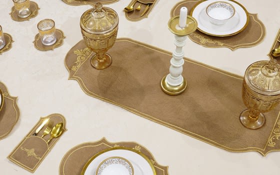 طقم مفرش طاولة جلد تركي من أرمادا 19 قطعة - بني و ذهبي
