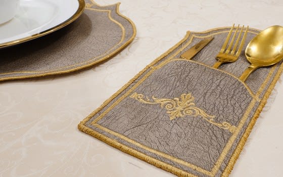 Turkish Armada leather Table Mat Set 19 PCS - Choco & Gold