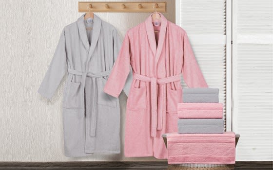 Armada Family Cotton Bathrobe Set 6 PCS - Grey & Pink