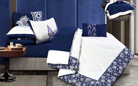 Logan Double Face Comforter Set 7 PCS - King White & Blue