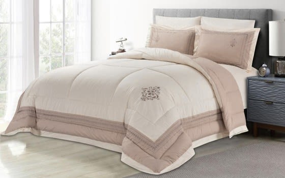 Cannon Embroidered Cotton Duvet Cover Set Without Filling 6 PCS - King Beige & Ivory