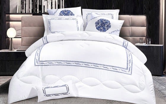 Tulip Embroidered Comforter Set 7 PCS - King White & Blue