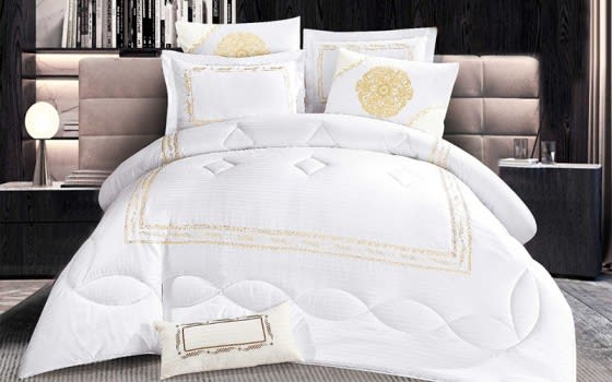 Tulip Embroidered Comforter Set 7 PCS - King White & Gold