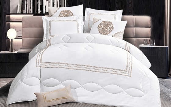 Tulip Embroidered Comforter Set 7 PCS - King White & Beige