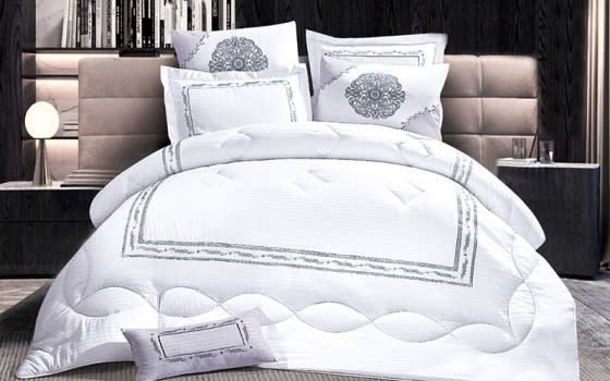 Tulip Embroidered Comforter Set 7 PCS - King White & L.Grey