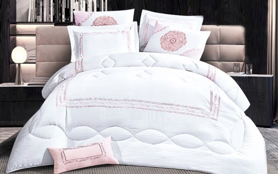 Tulip Embroidered Comforter Set 7 PCS - King White & Pink