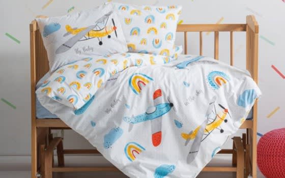 Cotton Box Baby Comforter Bedding Set 4 PCS - White & Sky Blue