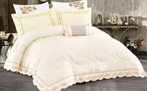 Peony Embroidered Comforter Bedding Set 7 PCS - King Cream