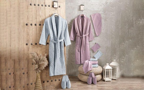 Art Of Silk Cotton Bathrobe Set 13 PCS - Grey & Pink