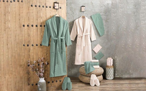 Art Of Silk Cotton Bathrobe Set 13 PCS - Green & L.Beige