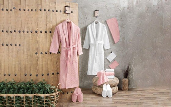 Art Of Silk Cotton Bathrobe Set 13 PCS - Pink & White