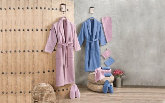 Art Of Silk Cotton Bathrobe Set 13 PCS - Pink & Blue