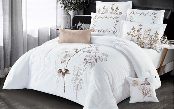Mashaykh Embroidered Comforter Bedding Set 8 PCS - King White & Brown