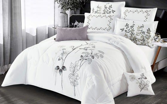 Mashaykh Embroidered Comforter Bedding Set 8 PCS - King White & Grey