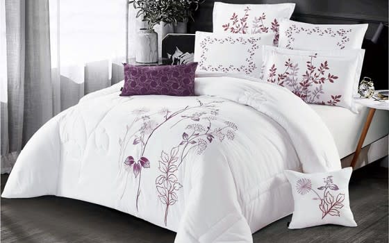 Mashaykh Embroidered Comforter Bedding Set 8 PCS - King White & Purple