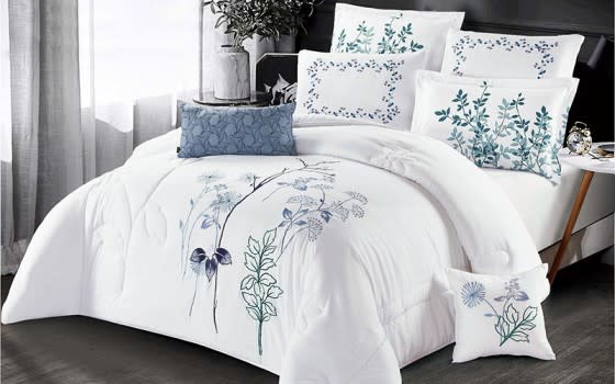 Mashaykh Embroidered Comforter Bedding Set 8 PCS - King White & Blue