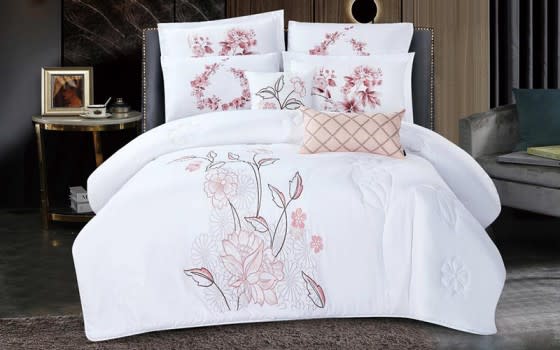 Shikha Embroidered Comforter Bedding Set 8 PCS - King White & Pink