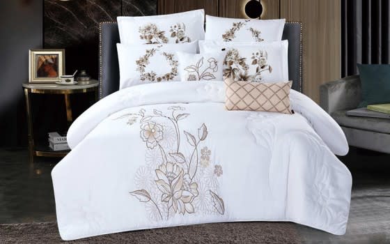 Shikha Embroidered Comforter Bedding Set 8 PCS - King White & Beige