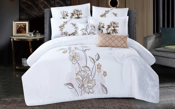 Shikha Embroidered Comforter Bedding Set 8 PCS - King White & Brown