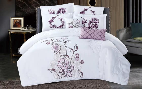 Shikha Embroidered Comforter Bedding Set 8 PCS - King White & Purple