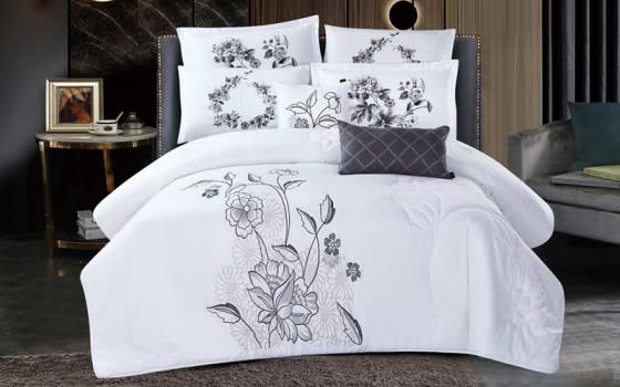 Shikha Embroidered Comforter Bedding Set 8 PCS - King White & Grey