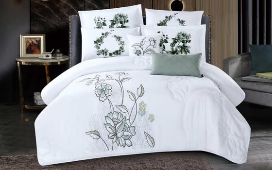 Shikha Embroidered Comforter Bedding Set 8 PCS - King White & Green