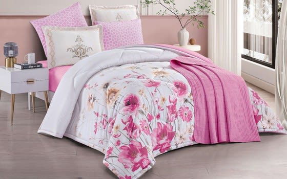 Mona Comforter Bedding Set With Bedspread 7 PCS - King Whie & Pink